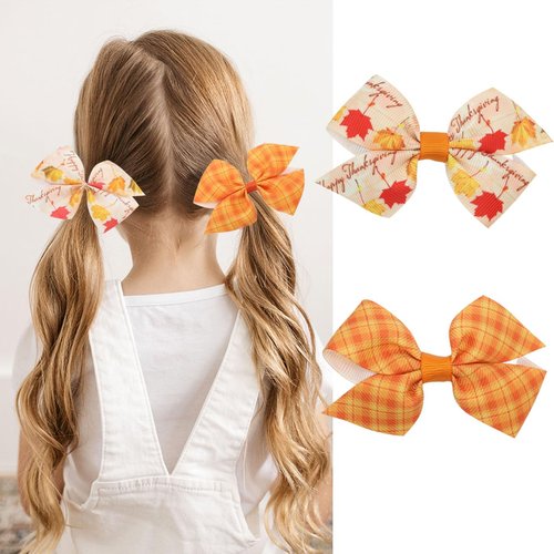 Autumn Hair Clips Thanksgiving Fall Hair Bows Clip Maple Leaf Hair Bows Boutique Grosgrain Ribbon Hair Pins Lovely Thanksgiving Day Headwear Hair Accessories for Kids Girls 2 Packs