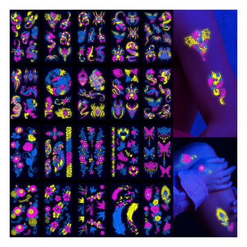 20-Sheets glow in the dark tattoos,temporary tattoos 160 Styles Adult Fluorescent UV Neon body glitter & Face Waterproof fake tattoo Stickers for Men & Women - Ideal for Rave, Festival Party Supplies
