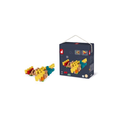 Janod 100 Piece Wooden Building Kit with Notched Blocks - Ages 6+ - J08301