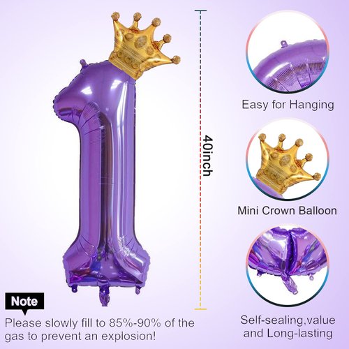 40 Inch Purple Number 1 & Mini Crown Balloon for Birthday Party Decorations, 1st Birthday Party Decorations Purple Theme Party Balloons Decorations Supplies