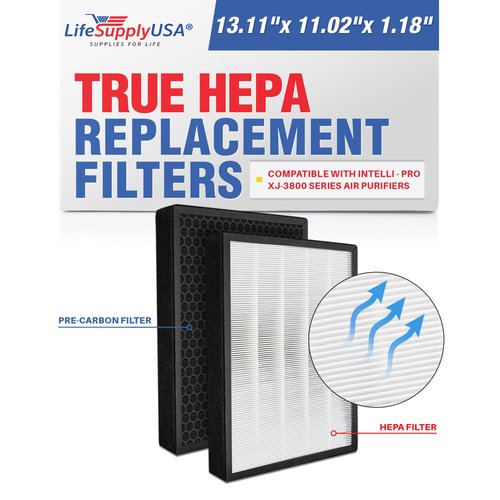 LifeSupplyUSA 2-in-1 True HEPA Air Cleaner Replacement Filter + Activated Carbon Charcoal for Surround Air Intelli-Pro XJ-3800 Series Air Cleaner