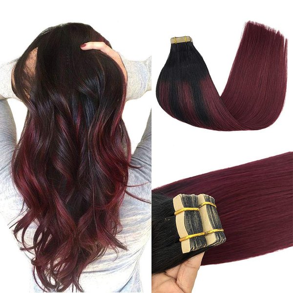 GOO GOO 22inch Hair Extensions Tape in Human Hair Ombre Jet Black to Red Ombre Skin Weft Tape in Remy Hair Extensions Straight 20pcs 50g