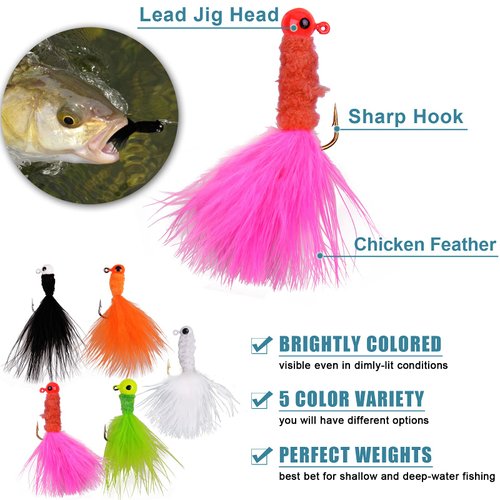 Jig Heads for Fishing Crappie Jig Head Marabou Feather Jig Lures Round Ball Head Jig Hooks Hair Jig Bait for Bass Trout Walleye Panfish 1/8oz 1/16oz 1/32oz (Mix Size-20pcs)