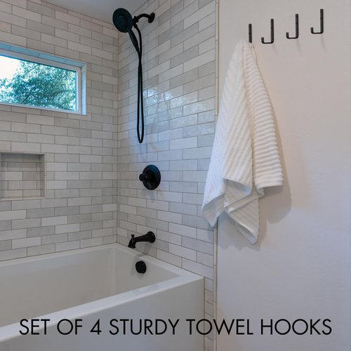 KIBAGA Stylish Bathroom Towel Hooks for Wall Mount Set of 4 - Beautiful, Sturdy & Easy to Install Metal Wall Hangers - Space Saving Matte Black Towel Holder - Your Perfect Bathroom Decor Addition