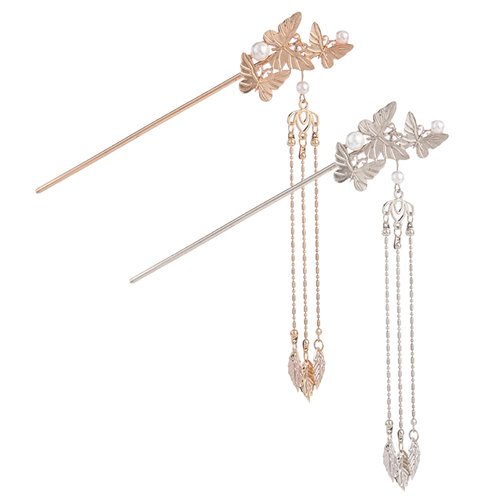 2 Pcs Gold and Silver Retro Butterfly Hair Stick Alloy Tassel Pendant Chinese Hair Chopsticks Hairpin MGPFERD