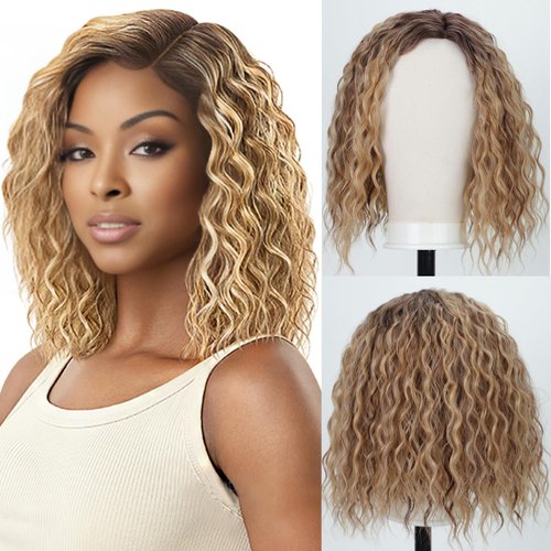 Fencca Medium Length Ombre Blonde Curly Wigs for Women Mix Blonde Curly Bob Wig Synthetic Hair Replacement Wig