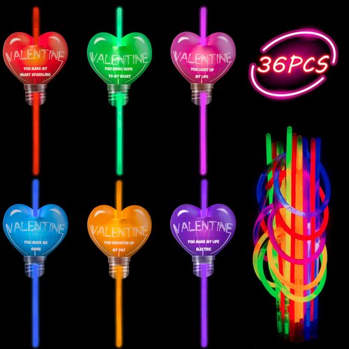 Yopyame 36PCS Valentine's Day Cards with 36 Glow Sticks, Valentines Heart Greeting Cards for Kids, Valentine Classroom Exchange Cards for Boys and Girls, Light Sticks Party Pack, Valentine Party Favor