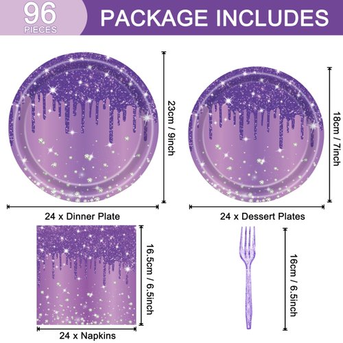 96 Pcs Purple Silver Plates and Napkins Party Supplies, Disposable Forks Paper Dessert Tableware Glitter Decorations Birthday Table Dinnerware Favors Set, Serves 24