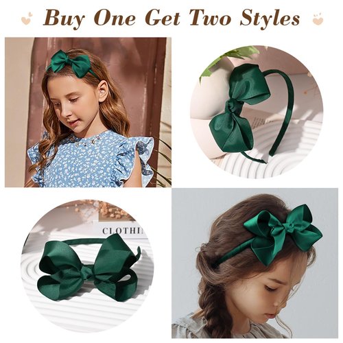 DEEKA 2 PCS 4" Dark Green Bow Headband Grosgrain Ribbon Hair Bows for Toddlers Hair Band Accessories for Little Girls Kids Set of 2 -Dark Green