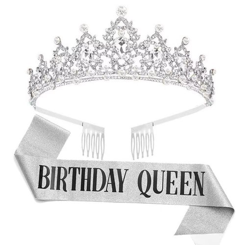 NALAWEKER Birthday Crowns for Women Girls Birthday Queen Sash Princess Crown Silver Tiara Crystal Headband with Combs