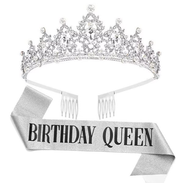 NALAWEKER Birthday Crowns for Women Girls Birthday Queen Sash Princess Crown Silver Tiara Crystal Headband with Combs