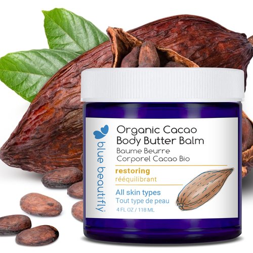 Blue Beautifly USDA Certified Organic Cacao Body Butter Balm | Soothes. Softens. Moisturizes. | Restores Dry, Chaffed, Cracked Skin | With Shea Butter, Cocoa Butter, and Vitamin E Oil | 4 fl oz