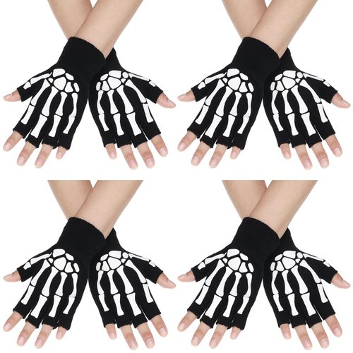 SATINIOR 4 Pairs Skeleton Fingerless Gloves for Women Men Halloween Costume Unisex Skeleton Gloves Skull Goth Bones Half Finger Gloves Winter Knitted Stretchy Black Fingerless Gloves