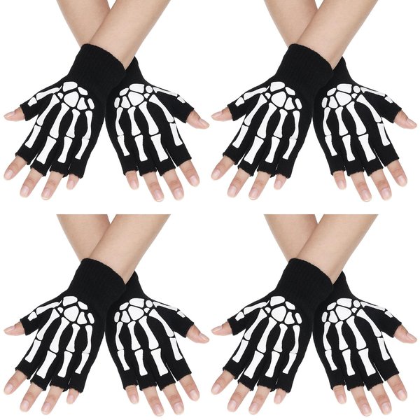 SATINIOR 4 Pairs Skeleton Fingerless Gloves for Women Men Halloween Costume Unisex Skeleton Gloves Skull Goth Bones Half Finger Gloves Winter Knitted Stretchy Black Fingerless Gloves