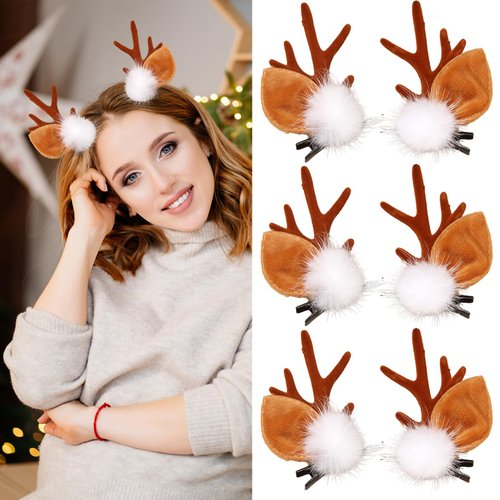 6Pcs Christmas Hair Clips for Women Brown Reindeer Antler Hair Clips Cute Pompom Small Deer Ear Claw Clips for Thick Thin Hair Accessories for Girls Hair Styling Decorations (Brown)