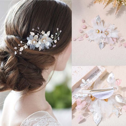 Foyte Crystal Bride Wedding Headpieces Flower Bridal Hair Vines Rhinestone Leaf Hair Pieces Pearl Hair Comb Bridesmaid Side Combs Hair Accessories for Women (leaf flower)