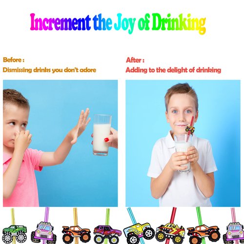 24 Monster Truck Party Favors Car Reusable Straight Straws for Monster Truck Car Birthday Party Supplies with 2 Cleaning Brushes 6 Color Straws