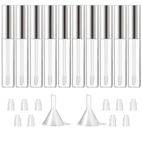 GTHER 10PCS 10ML Empty Lip Gloss Containers Tube with Wand, Refillable Lip Balm Bottles, Lipstick Sample Container and Funnel and Rubber Stoppers for Girls DIY Lip Samples, Silver Top