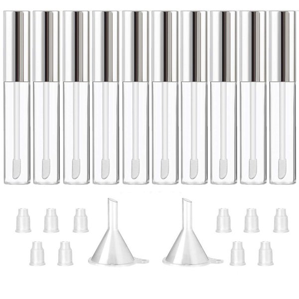 GTHER 10PCS 10ML Empty Lip Gloss Containers Tube with Wand, Refillable Lip Balm Bottles, Lipstick Sample Container and Funnel and Rubber Stoppers for Girls DIY Lip Samples, Silver Top