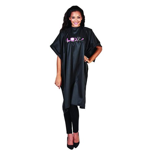 Betty Dain Embroidered Love Cutting/Styling Cape, Stylish, Lightweight Iridescent Fabric with Embroidered Decal, Versatile Color and Water-Resistant, Snap Neck Closure, Black/Multi, 45 x 60