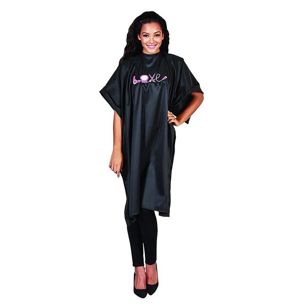Betty Dain Embroidered Love Cutting/Styling Cape, Stylish, Lightweight Iridescent Fabric with Embroidered Decal, Versatile Color and Water-Resistant, Snap Neck Closure, Black/Multi, 45 x 60