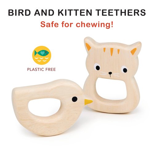Mentari Toys - Bird &/and Kitten Teethers - 2pc Wooden Teething Toys for Babies - Natural Wood Animal Teething Ring, Chew Toy - Soothes Sore Gums - Develops Hand-Eye Coordination - Age 4m+