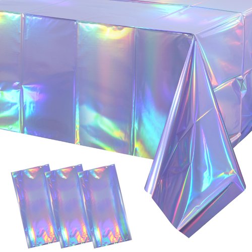 3 Pack Iridescent Light Purple Tablecloth for Parties, Pastel Purple Holographic Plastic Table Cover, Disposable Laser Purple Table Cloth for Birthday Wedding Baby Shower Party Decorations, 54x108Inch