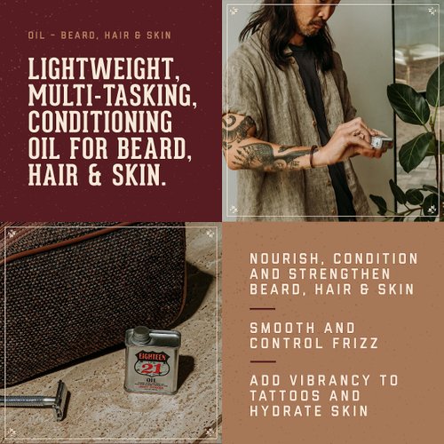 18.21 Man Made Hair, Skin & Beard Oil for Men Sweet Tobacco Scent - Non-Greasy, Conditioning Balm with Castor Seed, Jojoba, and Argan Oils - Premium Tattoo and Mustache Care Products 2oz