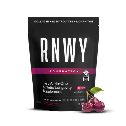 RNWY Foundation: Post Workout Recovery Powder, Collagen Powder, Hydration Powder, Joint Support Supplement, Protein Powder, Electrolytes, Multivitamin, 30 Servings, Wild Cherry Flavor, Zero Sugar