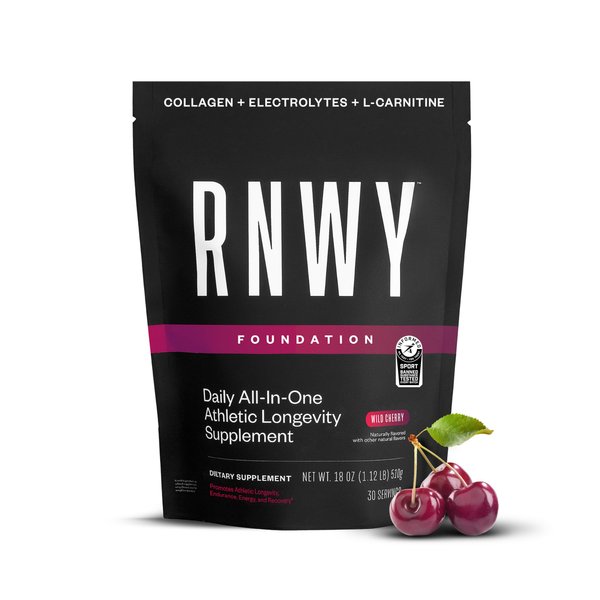 RNWY Foundation: Post Workout Recovery Powder, Collagen Powder, Hydration Powder, Joint Support Supplement, Protein Powder, Electrolytes, Multivitamin, 30 Servings, Wild Cherry Flavor, Zero Sugar