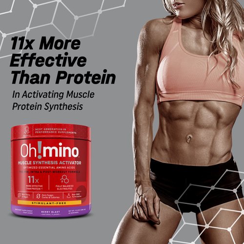 Oh!mino Amino Acid Energy Blend - Sugar-and-Stimulant-Free, Pre-Post Workout Powder, BCAA Amino Acids, Workout Recovery Drink, Muscle Synthesis Activator, Berry Blast, 280 g, 40 Servings