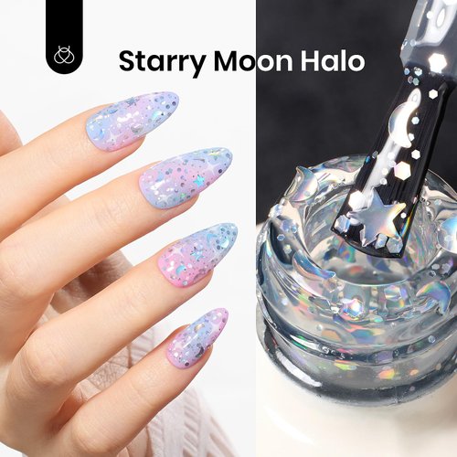 beetles 2 In 1 Silver Glitter Top Coat, 15 ML No wipe Stars Moon Halo Top Coat Soak Off UV Uv Led Gel Nail Polish Long Lasting Highly Shine Manicure Art Decoration Supplies
