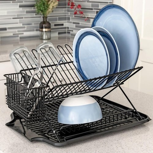 Better Houseware Cutlery Drying Basket with Hooks - Black Coated Steel Wire - 3 Compartments - Fits Most Dish Racks - Utensil Drying Rack for Sink