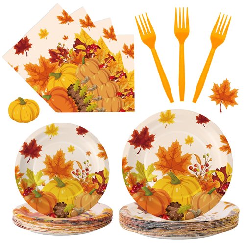 100 Pcs Thanksgiving Plates and Napkins Sets - Fall Pumpkin Maple Leaf Round Tableware, Disposable Thanksgiving Paper Plates and Napkins Forks for Thanksgiving Party Supplies Table Decor, Serves 25