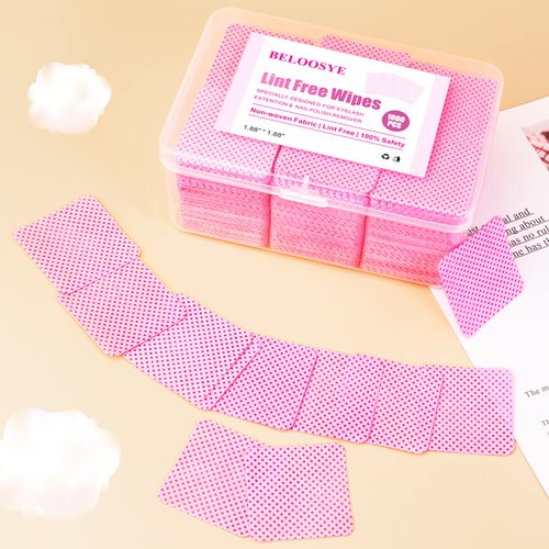 1000 PCS Lint Free Nail Wipes,Eyelash Extension Glue Wipes with Container,Super Absorbent Soft Non-Woven Fabric Lash Glue Wipes,Lint Free Wipe for Lash Extension Supplies & Nail Polish Remover-Pink
