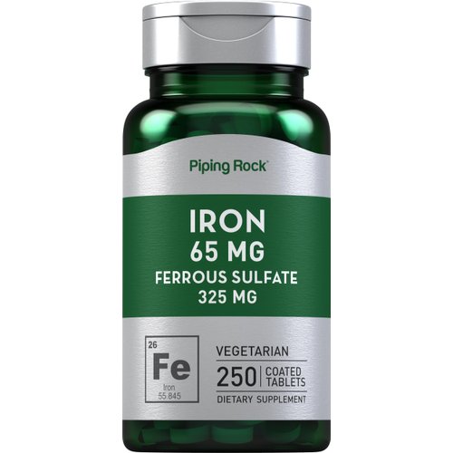 Iron Ferrous Sulfate 65 mg | 250 Tablets | Iron Supplement | High Potency Formula | Vegetarian, Non-GMO, Gluten Free | by Piping Rock