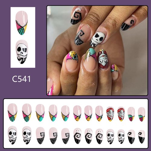 24 Pcs Halloween Press on Nails Short Almond Fake Nails Multi Colored Checkered Little Witch Acrylic Nails with Black White Skull Designs Glossy False Nails Stick on Nails for Women Girls