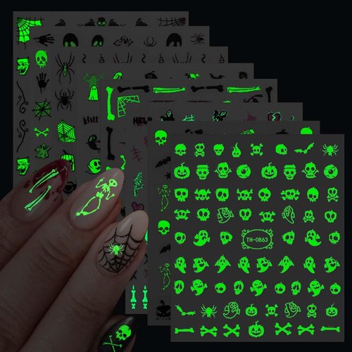 8 Sheets Halloween Nail Stickers Decals Glow in The Dark Nail Decals Cute Ghost Nail Art Stickers Pumpkin Skull Spider Nail Art Stickers for Nail Supplies Nail Art Design Decoration Accessories