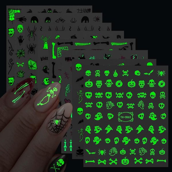 8 Sheets Halloween Nail Stickers Decals Glow in The Dark Nail Decals Cute Ghost Nail Art Stickers Pumpkin Skull Spider Nail Art Stickers for Nail Supplies Nail Art Design Decoration Accessories