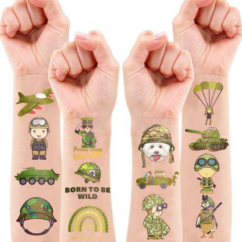 Camo Tempoary Tattoos for Kids, Army Birthday Party Favors Decorations 96PCS Tattoos Stickers Cute Party Supplies Girls Boys Gifts Classroom School Prizes Themed Christmas