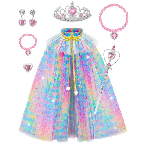 CenviaLuxy Princess Dress Up Cape for Girls 7Pcs Princess Sequin Cloak Clothes Crown Costume Gift for Birthday Christmas (Mermaid)