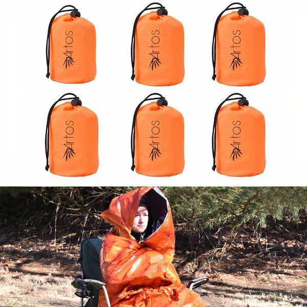 Artostravel Pack of 6 Hooded Emergency Bivy Sack Survival Sleeping Bag| Thermal Blanket | Waterproof Breathable| for Camping, Hiking and Any Outdoor Activities.