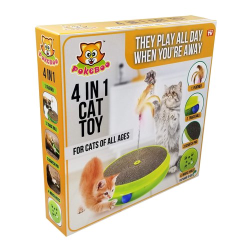 Pokeboo - As Seen on TV - 4 in 1 Interactive Cat Toy, Feather Spring, Circle Ball Track, Mouse Holes, Scratch Pad - Replaceable, for Cats Exercise and Stimulation of All Ages