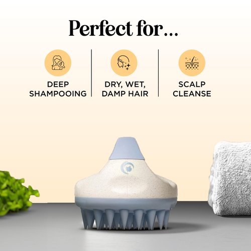 Hair Shampoo Brush and Scalp Exfoliator - Soft Silicone Scalp Massager Hair Growth Stimulator for Wet or Dry Hair - In Shower Scalp Scrubber for Dandruff Removal Made with Recycled Wheat Straw - Blue