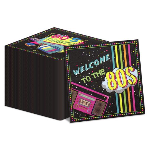 100Pcs 80s Napkins Decorations 13 x 13inch Back to the 80's Party Napkins Colorful Hip Hop Napkins for Back to the 80s Party Decorations, 80s Theme Birthday Party Supplies