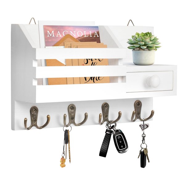 HOMEBROS Key Mail Holder for Wall, White Wooden Key Mail Organizer with Drawer Wall Mount Key Rack with Shelf and 8 Hooks for Entryway Doorway Hallway 2 Installation Methods