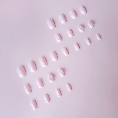 CEWEWP French Tip Press on Nails Short Square Fake Nails Light Pink False Nails with 3D Resin Bow Charm Designs Glossy White French Glue on Nails Cute Bow Stick on Nails for Women Girls 24Pcs
