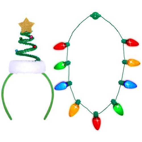 Christmas Party Kit Including Springy Christmas Tree Headband with Bells Santa Headwear+ LED Christmas Bulb Necklace Combo (Headband + Necklace)