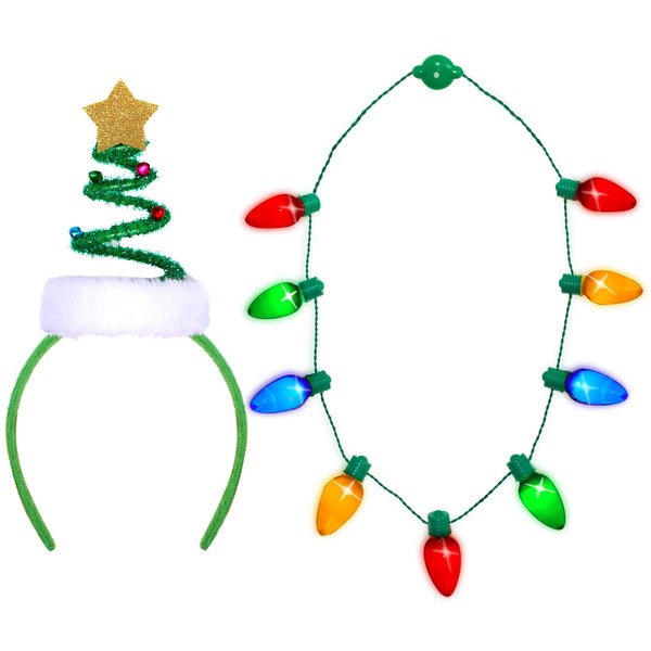 Christmas Party Kit Including Springy Christmas Tree Headband with Bells Santa Headwear+ LED Christmas Bulb Necklace Combo (Headband + Necklace)
