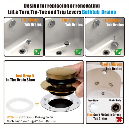 Gold Universal Tub Drain Tip Toe Tub Conversion Kit Assembly, Artiwell EZ Installation Bathtub Drain Replacement Trim Kit with 1-Hole Overflow Face Plate and Pop-Up Tub Stopper,Brushed Gold